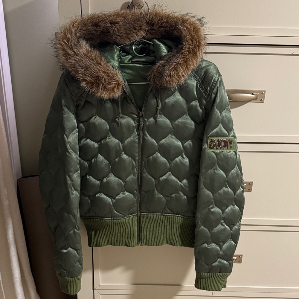 DKNY Olive Quilted Jacket with Faux Fur Hood
